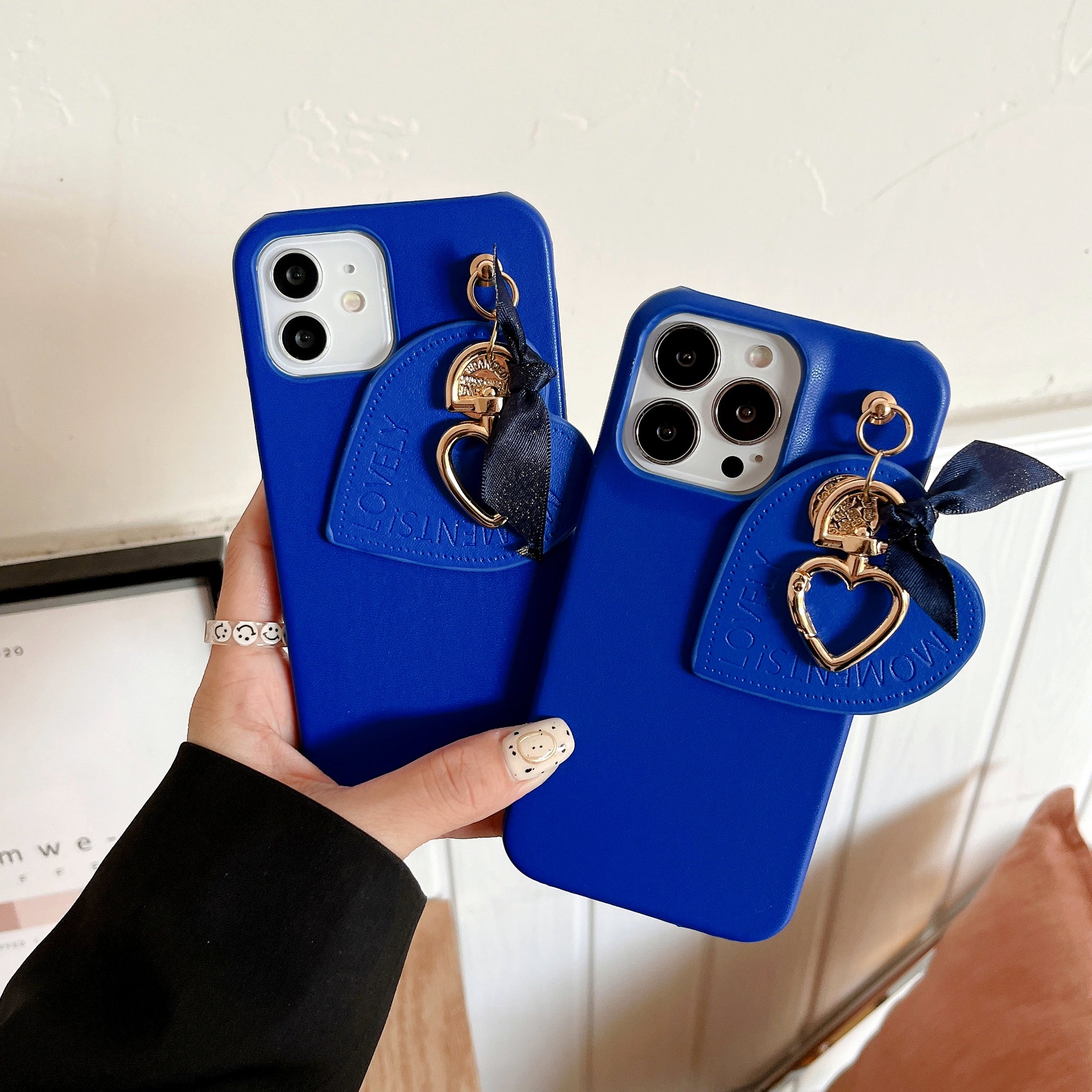 Deep Blue Leather iPhone Cases with Love Heart Pendant for Series 14 13 12 11 X Xs XR Pro Max 8 7 Plus