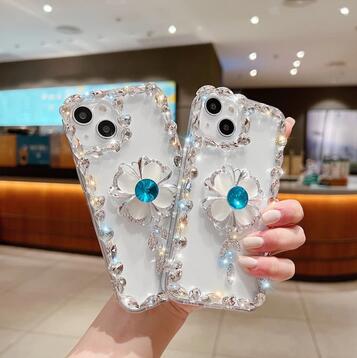 Luxury 3D Flower Clover Diamond Glitter Transparent Cute Phone Case For iPhone 14 13 12 11 Pro Max