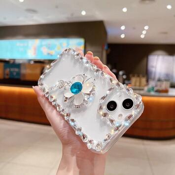 Luxury 3D Flower Clover Diamond Glitter Transparent Cute Phone Case For iPhone 14 13 12 11 Pro Max