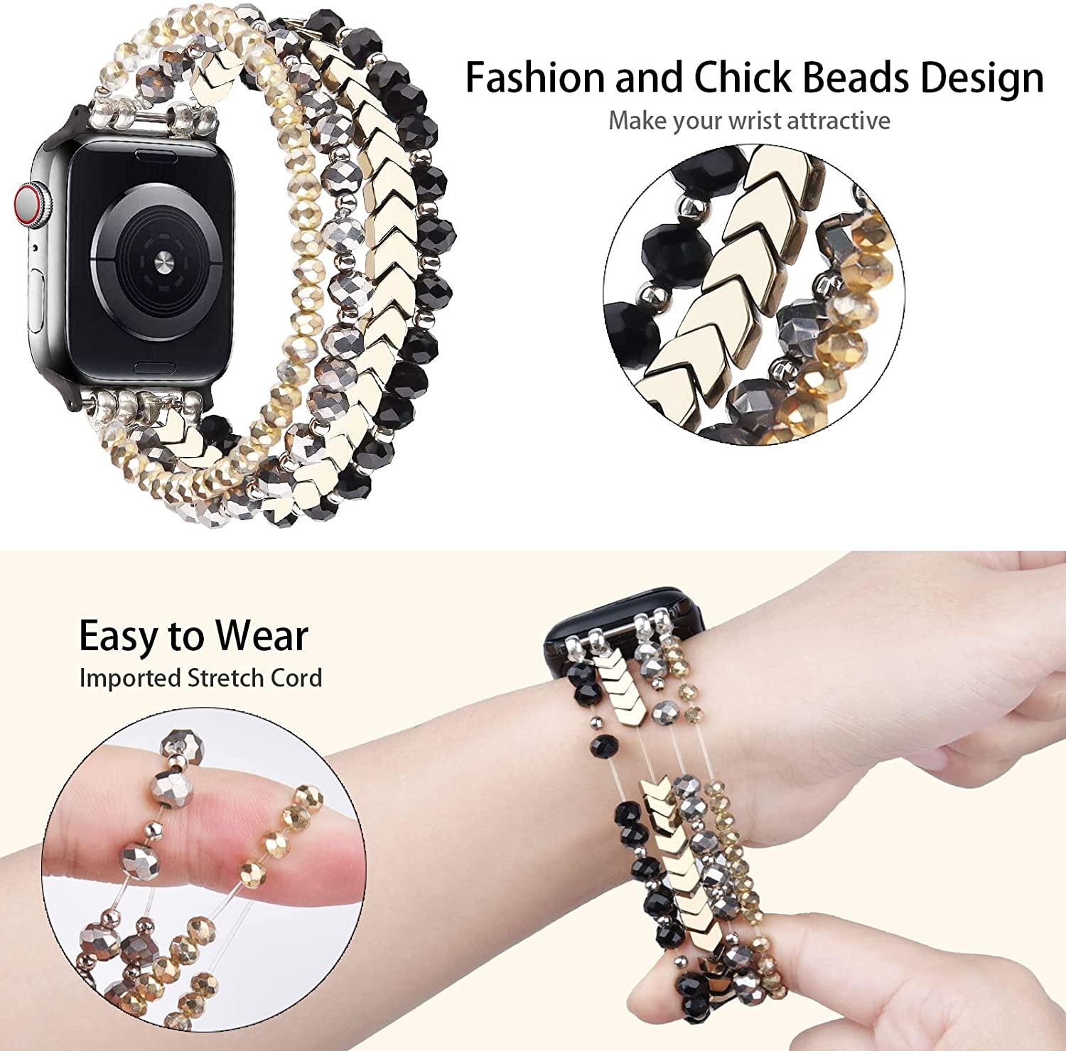 Women Fashion Handmade Beaded Bracelet Elastic Stretch Strap for Apple iWatch