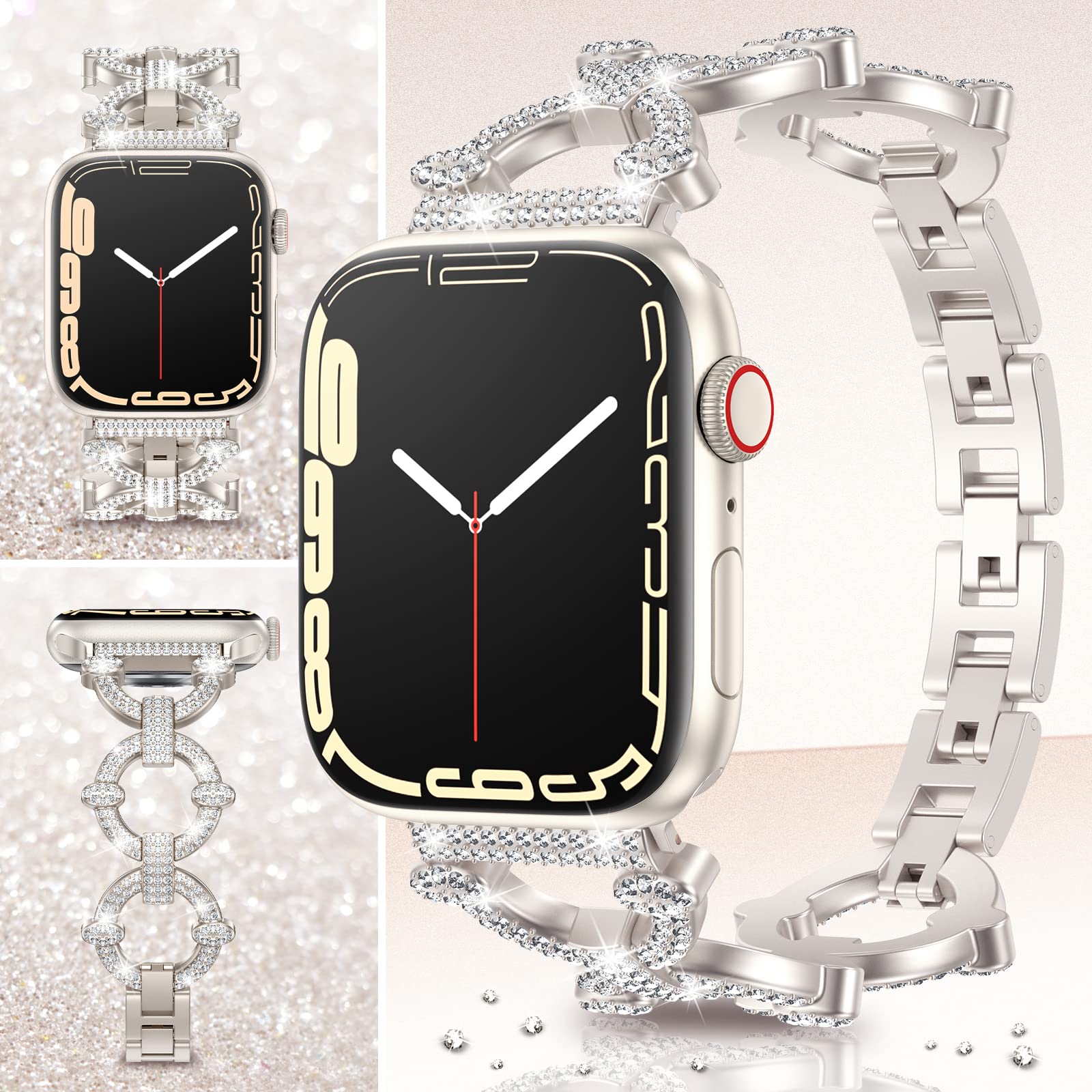 Luxury Rings Style Stainless Steel Bracelet with Rhinestones iWatch Bands for All Series